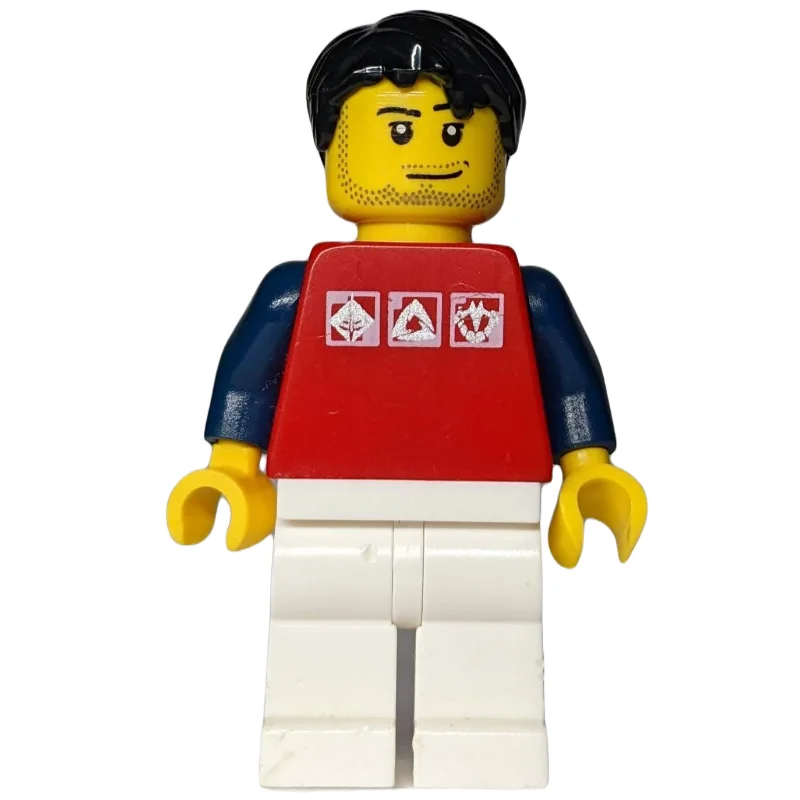 Man, Red Top with Dark Blue Arms, White Legs, Black Hair, Stubble