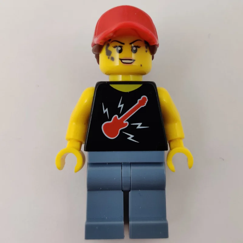 Woman, Black Top with Guitar, Sand Blue Legs, Red Cap with Hair