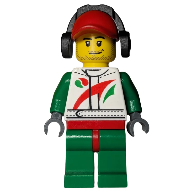 Racer, White and Green Jumpsuit with Octan Logo, Red Cap with Ear Defenders, Stubble