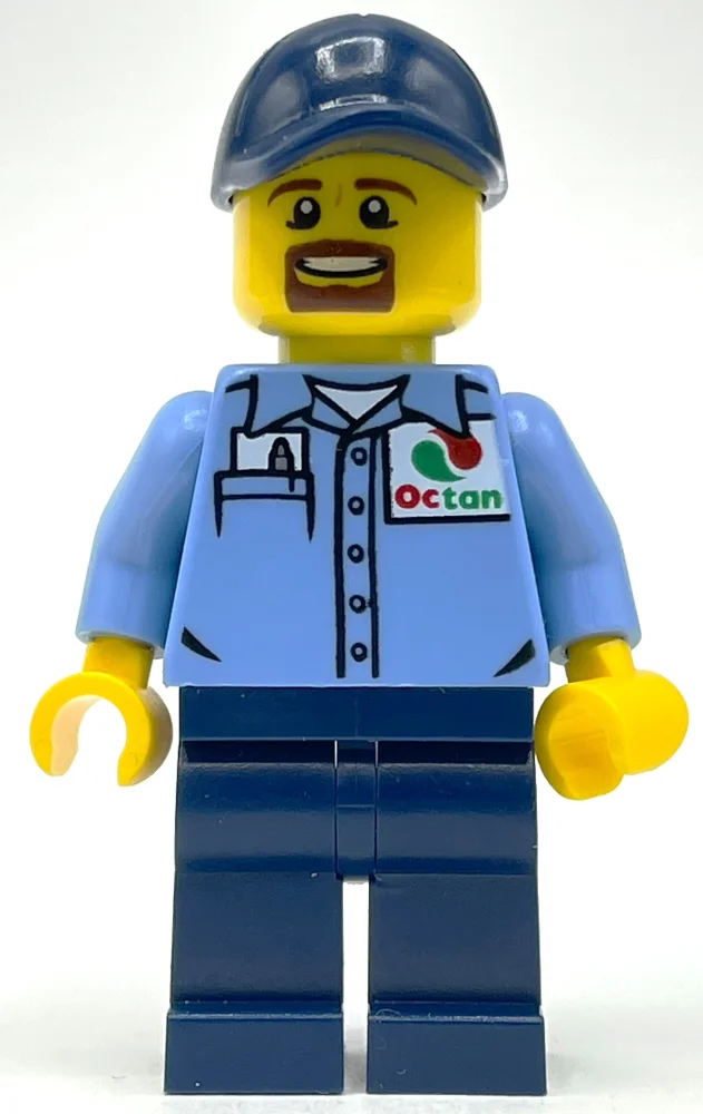 Man, Medium Blue Shirt with Octan Logo, Dark Blue Legs, Dark Blue Cap, Goatee Beard