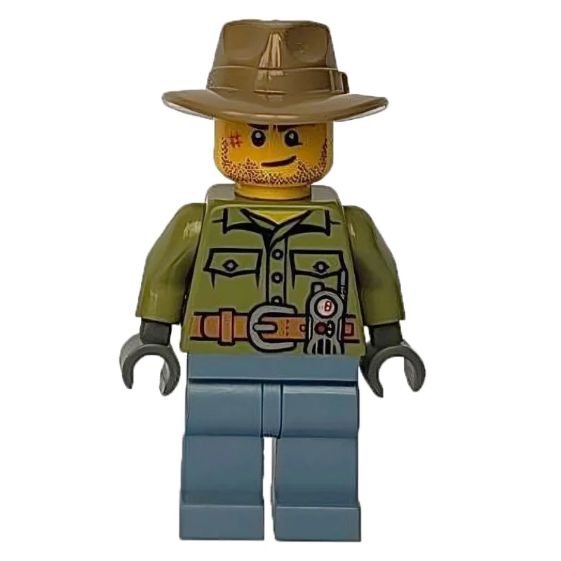 Volcano Explorer, Man, Olive Green Shirt, Sand Blue Legs, Dark Tan Wide Brim Hat