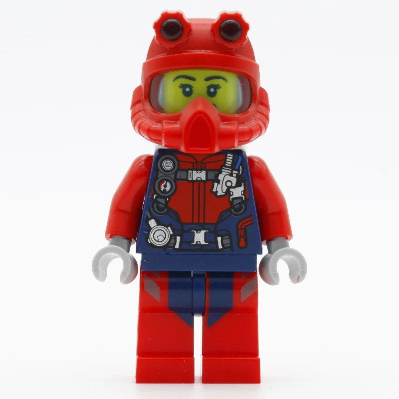 Diver, Woman, Red and Dark Blue Wetsuit with Straps and Gauges, Red Diving Helmet, Airtanks, Open Mouth