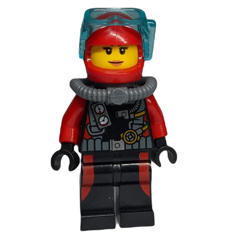 Diver, Woman, Black and Red Wetsuit with Gauges, Red Helmet with Mask
