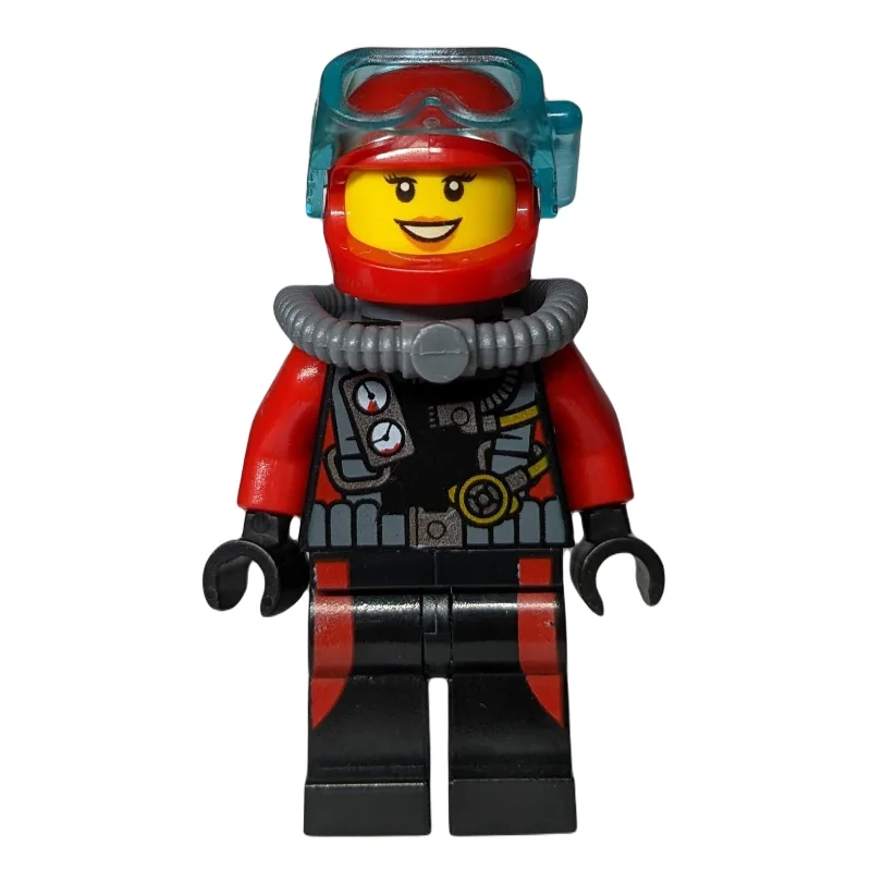 Diver, Woman, Black and Red Wetsuit with Gauges, Red Helmet with Mask