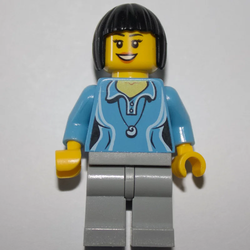 Woman, Medium Blue Polo Shirt with Necklace, Light Bluish Gray Legs, Black Hair
