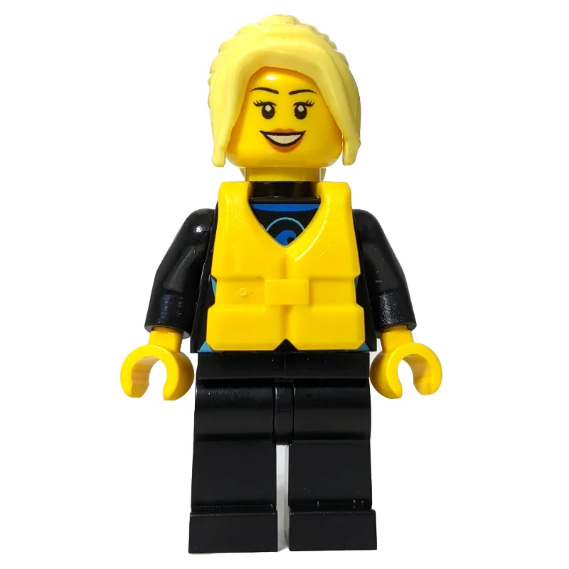 Surfer, Woman, Black Wetsuit, Bright Light Yellow Hair, Yellow Life Vest