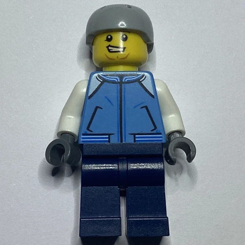 Man, Bright Light Blue Letterman Jacket, Dark Blue Legs, Light Bluish Gray Helmet