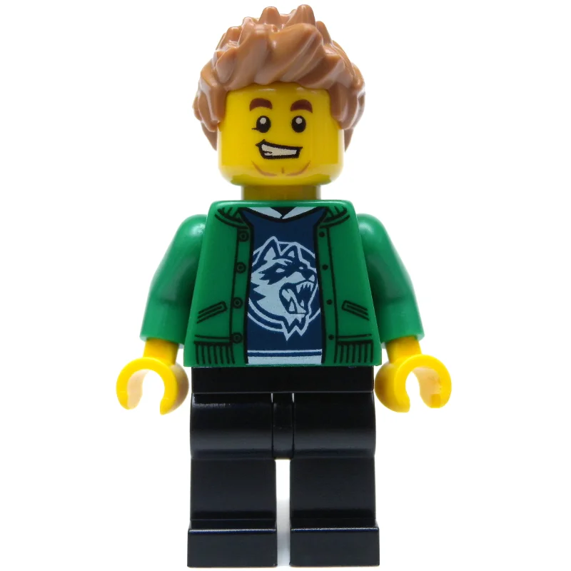 Man, Open Green Jacket, Black Legs, Medium Nougat Hair