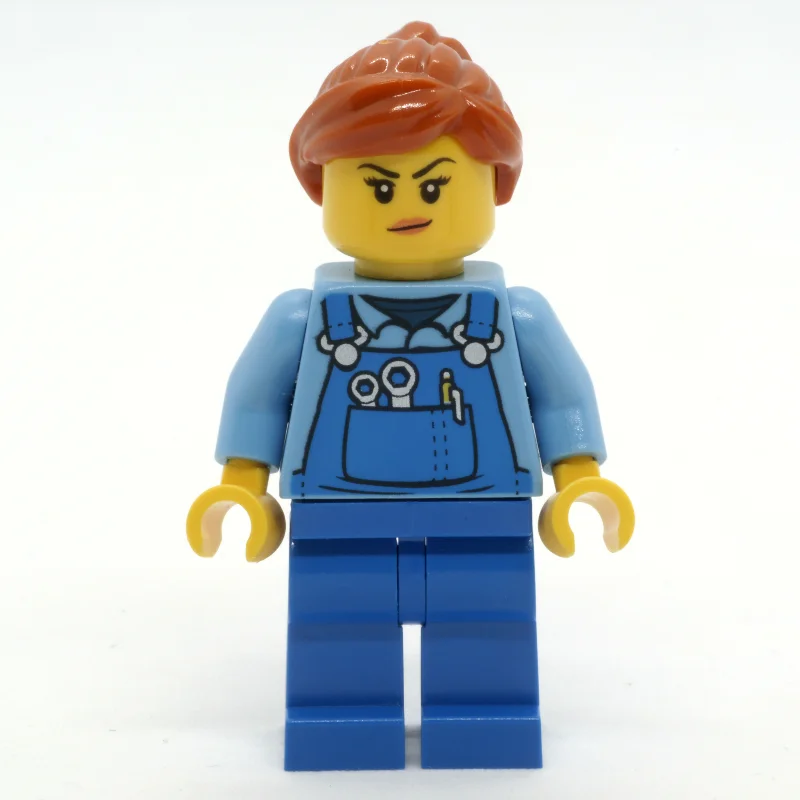 Woman, Blue Overalls over Shirt, Dark Orange Hair, Dirt Stains