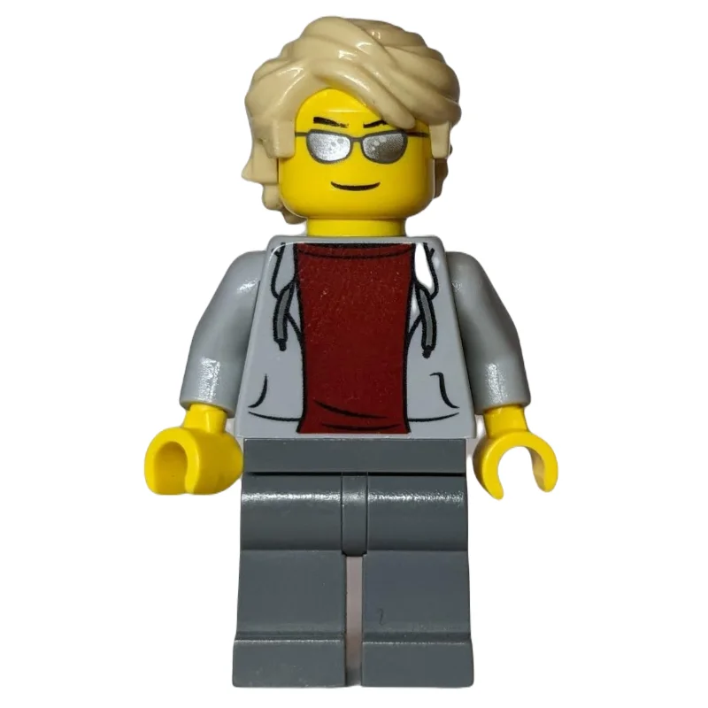 Man, Light Bluish Gray Hoodie over Dark Red Shirt, Dark Bluish Gray Legs, Tan Hair, Silver Sunglasses