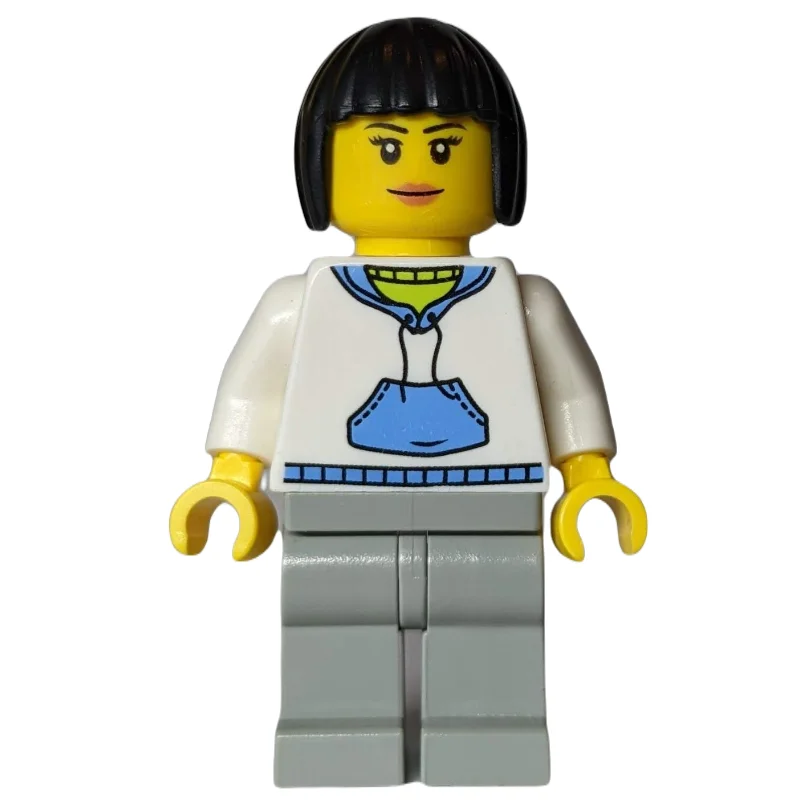 Woman, White and Blue Hoodie, Light Bluish Gray Legs, Black Hair