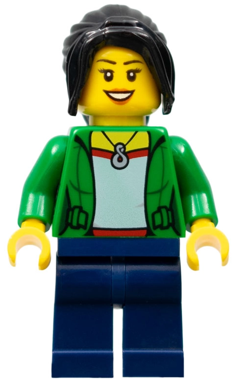 Woman, Open Green Jacket with Necklace, Black Hair