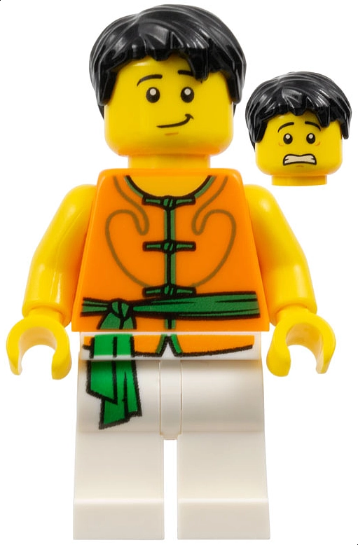 Racer, White and Orange Robe with Ties and Sash Belt, Black Hair, Slight Smile