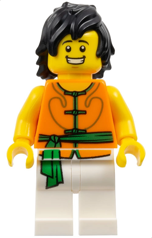 Racer, White and Orange Robe with Ties and Sash Belt, Black Hair, Clenched Teeth Smile