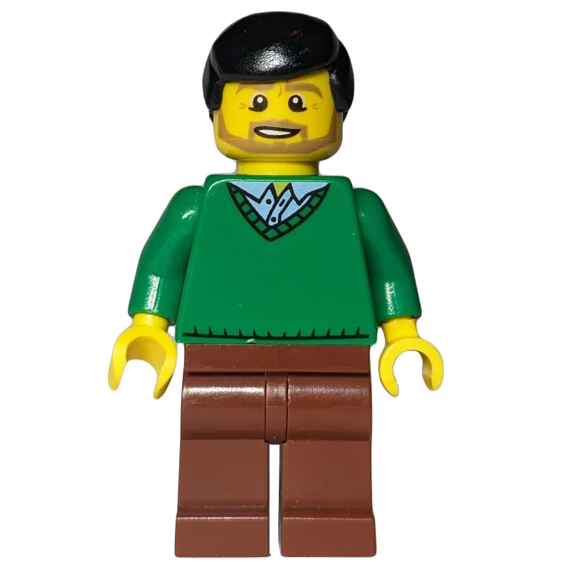 Man, Green V-Neck Sweater, Reddish Brown Legs, Black Hair, Beard
