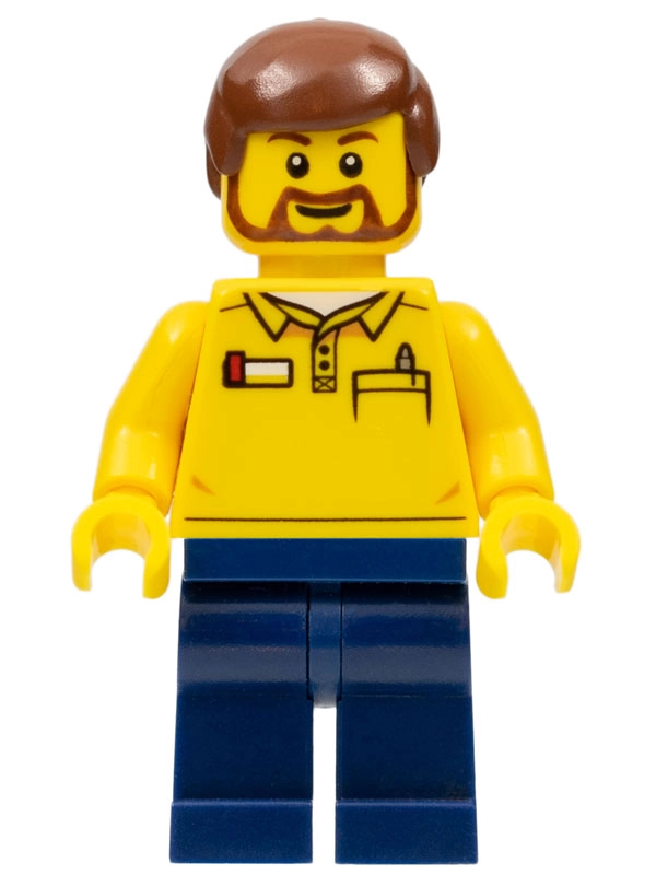 LEGO Store Employee, LEGO Logo on Back, Reddish Brown Hair, Beard