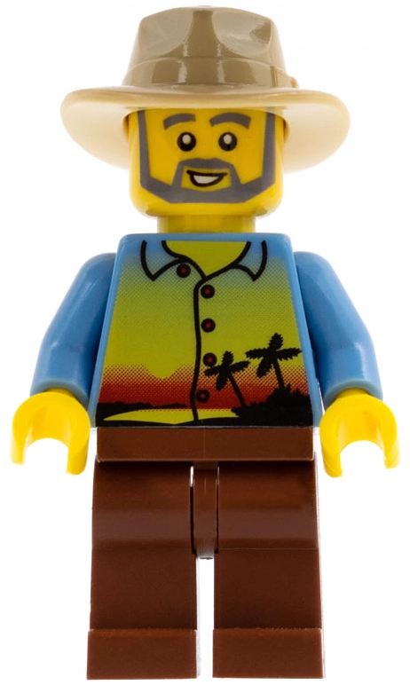 Man, Medium Blue Shirt with Palm Trees and Sunset, Tan Fedora, Beard