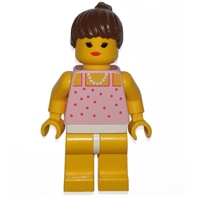 Woman, Pink Top with Spots, Yellow Legs, Brown Hair - Closed Mouth