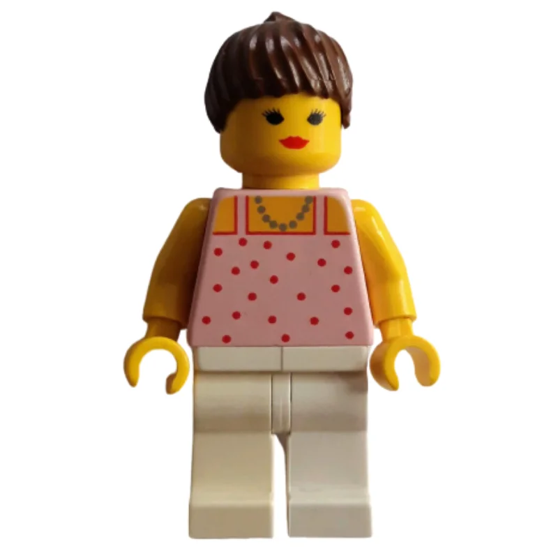 Woman, Pink Top with Spots, White Legs, Brown Hair - Closed Mouth