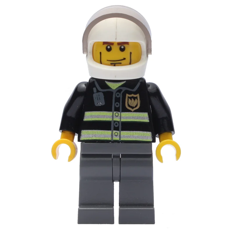 Fireman, Black Fire Jacket with Reflective Stripes, Radio, and Badge, White Helmet with Visor, Cheek Lines, Dark BLuish Grey Legs