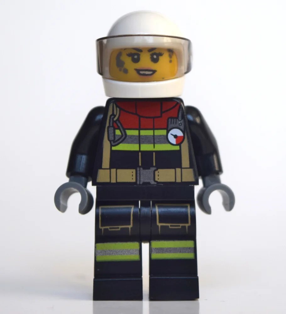 Firewoman, Firesuit with Straps and Gauge, White Helmet with Visor, Dirty Face