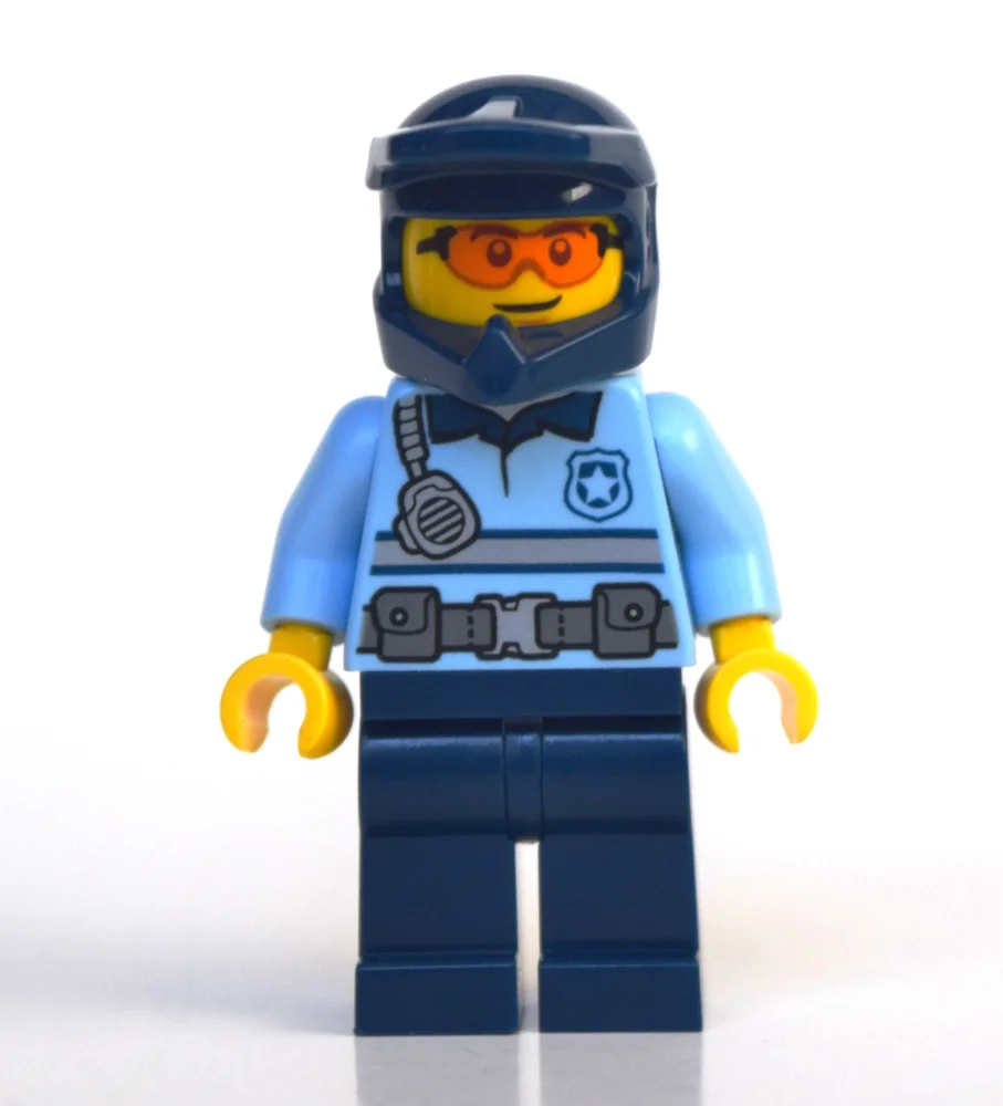 Policeman, Polo Shirt with Belt and Radio, Dark Blue Legs, Dark Blue Dirt Bike Helmet, Orange Glasses
