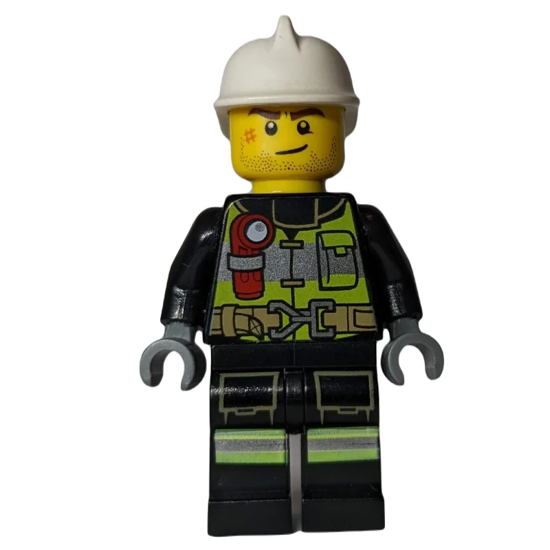 Fireman, Black Firesuit with Lime Safety Vest and Torch, White Helmet