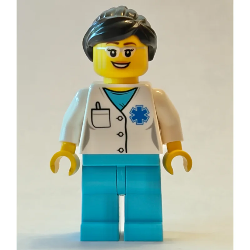 Doctor, Woman, White Shirt over Medium Azure Scrubs with Star of Life and Pocket, Dark Brown Hair, Glasses
