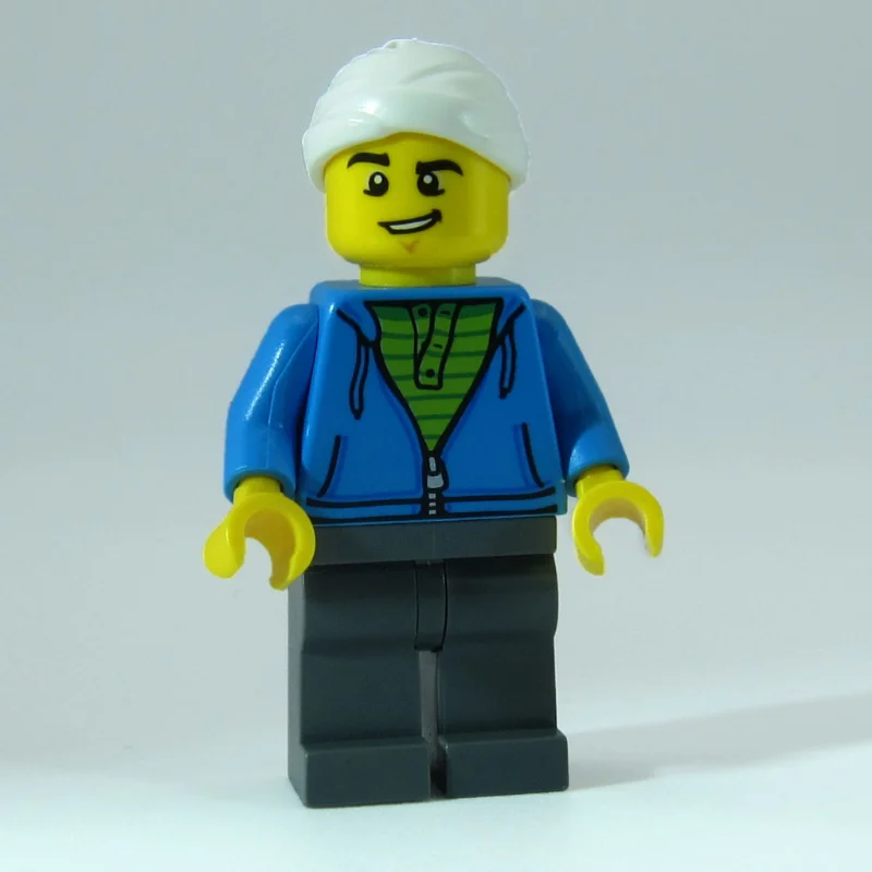 Man, Dark Azure Hoodie over Lime Shirt, Dark Bluish Gray Legs, Head Bandage