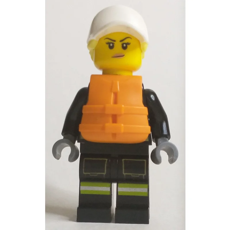 Firewoman, Black Fire Suit, Orange Lifevest, White Cap