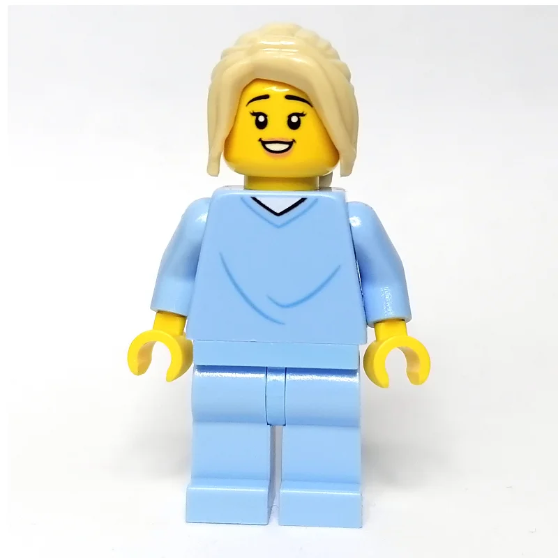 Woman, Bright Light Blue Hospital Gown, Tan Hair