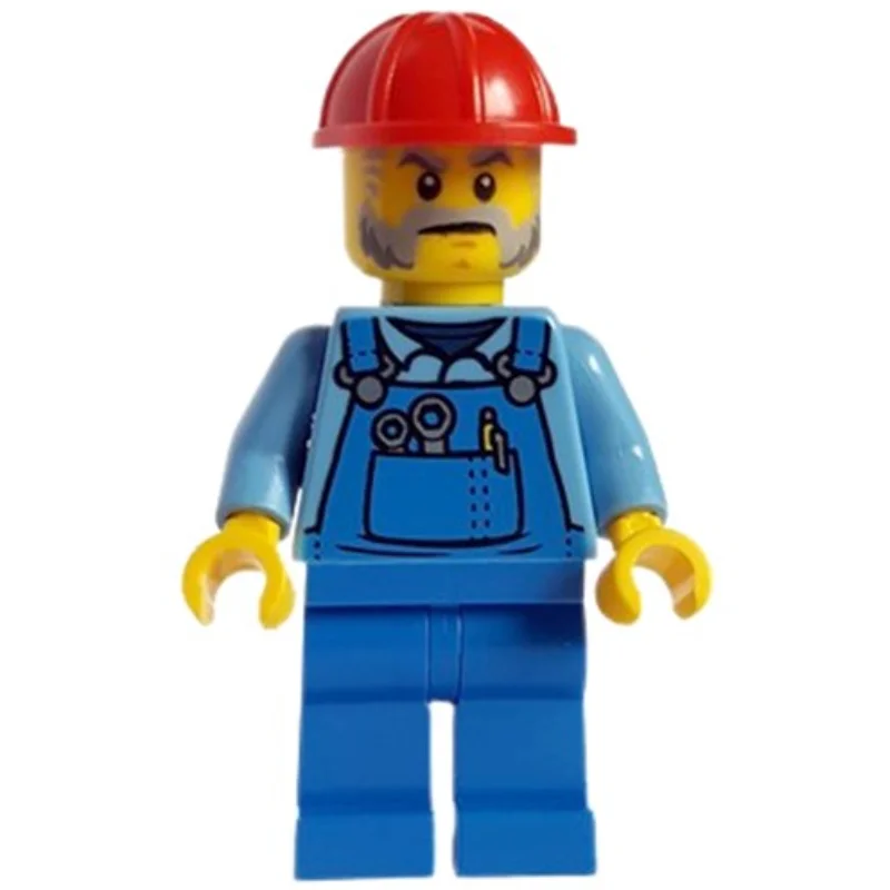 Construction Worker - Bright Light Blue Shirt, Blue Overall, Red Helmet (Pete Precise)