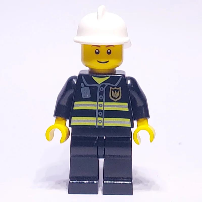 Fireman, Black Fire Jacket with Radio and Badge, White Helmet, Reddish Brown Eyebrows (3626c Head)