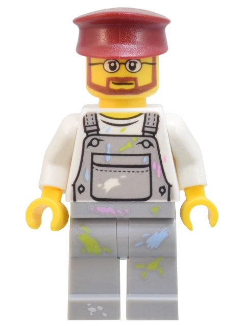 Light Bluish Overall, Dark Red Hat
