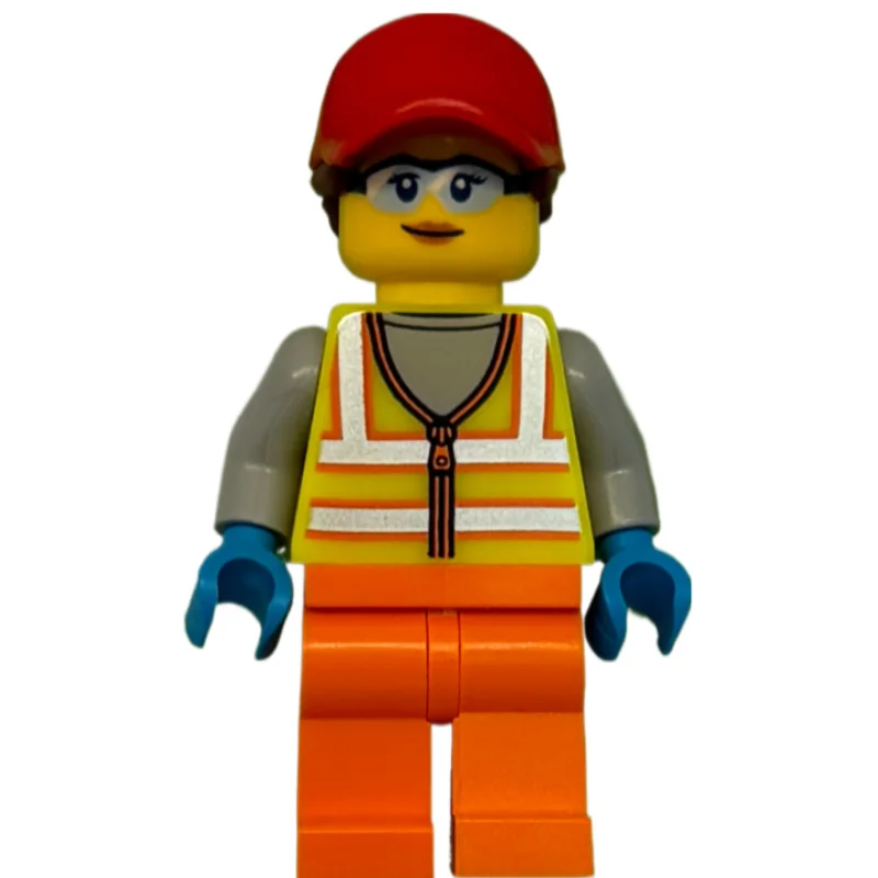 Woman, Vibrant Yellow Safety Vest, Orange Legs, Red Cap, Safety Glasses