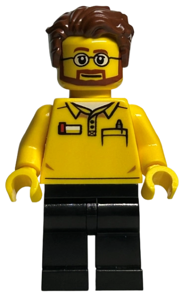 LEGO Store Employee - Yellow Torso, Black Legs, Reddish Brown Hair, Beard, Glasses