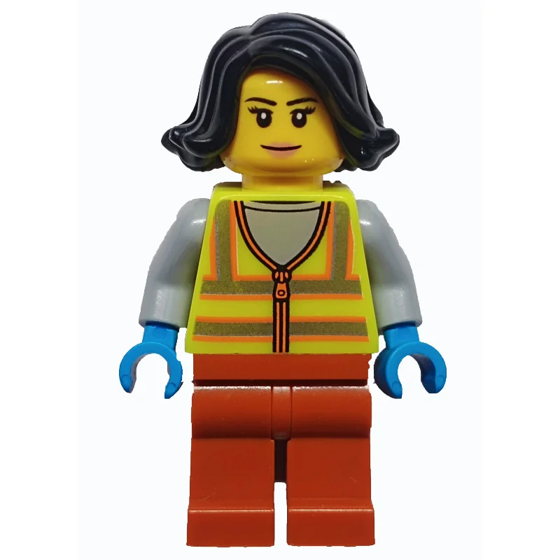 Woman, Vibrant Yellow Safety Vest, Dark Orange Legs, Black Hair