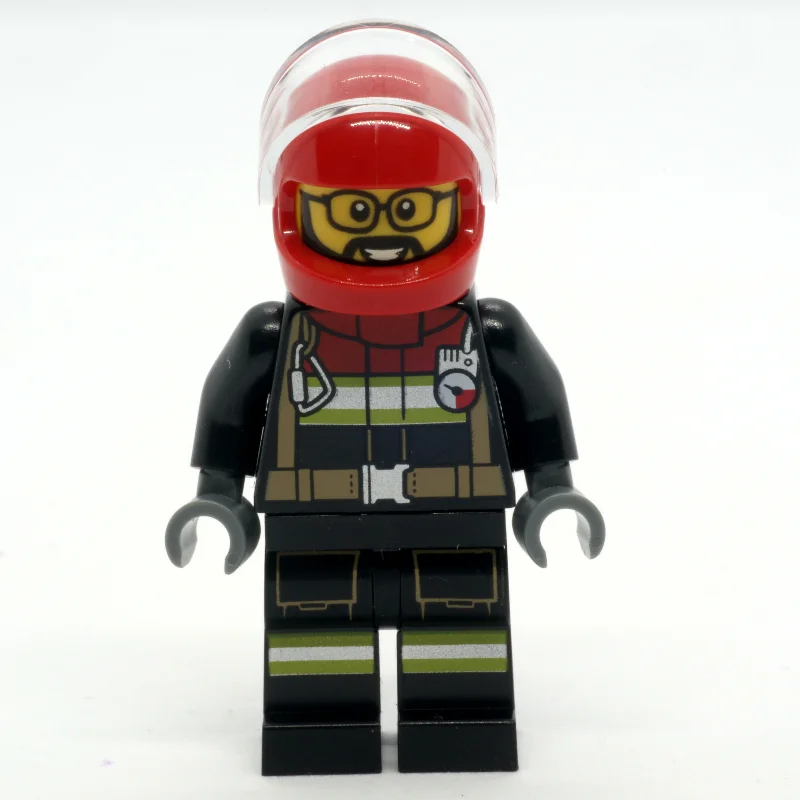Firefighter, Black Fire Suit, Red Helmet with Visor, Glasses