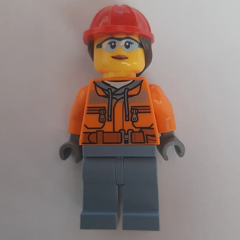Construction Worker, Orange Safety Jacket, Sand Blue Legs, Red Hard Hat with Ponytail