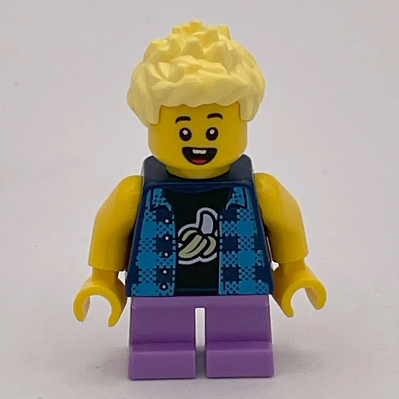 Boy, Dark Blue Banana Shirt, Short Medium Lavender Legs