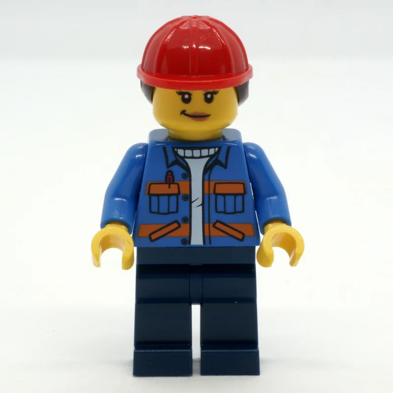 Construction Worker, Blue Safety Jacket, Dark Blue Legs, Red Hard Hat with Hair