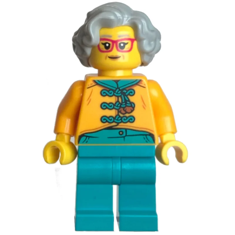 Bright Light Orange Torso, Dark Turquoise Legs, Light Bluish Grey Hair, Glasses