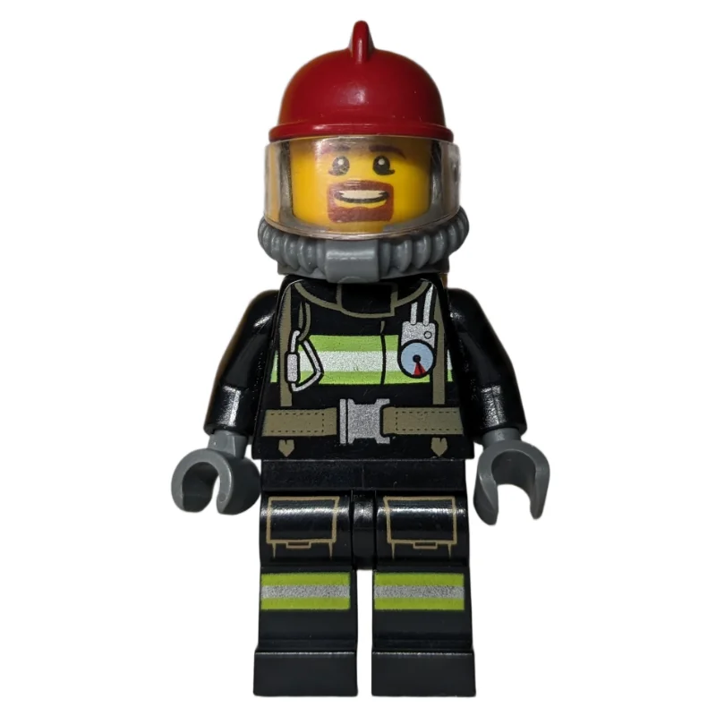 Firefighter, Black Fire Jacket with Straps and Gauge, Dark Red Helmet, Goatee Beard, Yellow Airtank