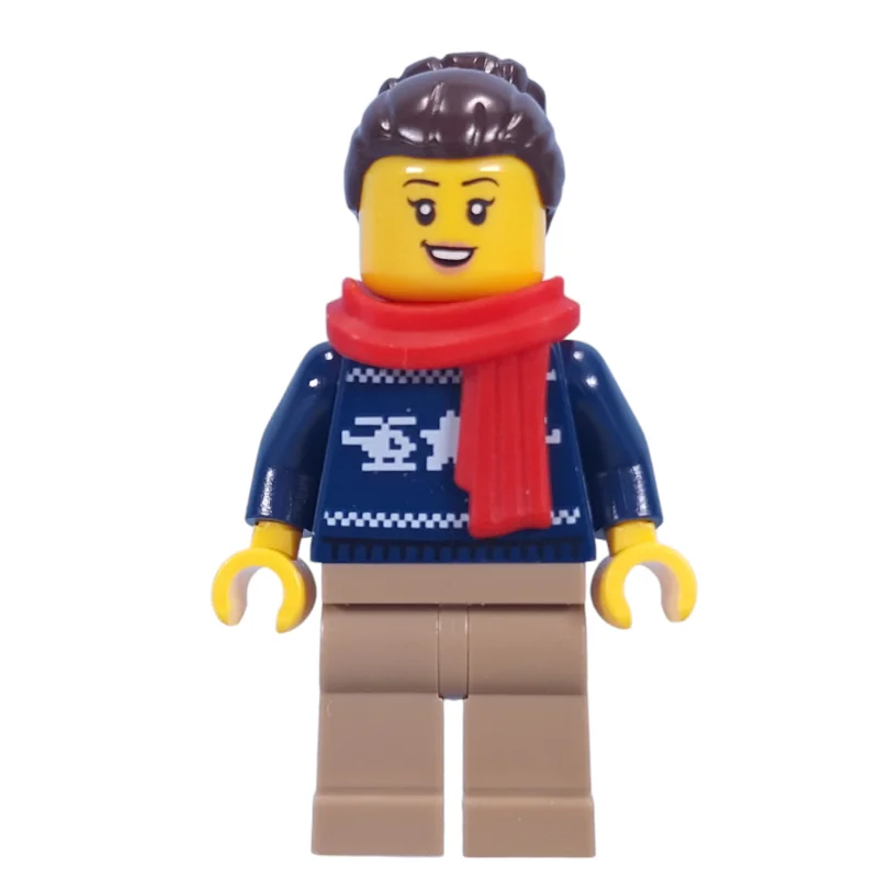 Dark Blue Sweater, Dark Tan Legs, Dark Brown Hair, Red Scarf