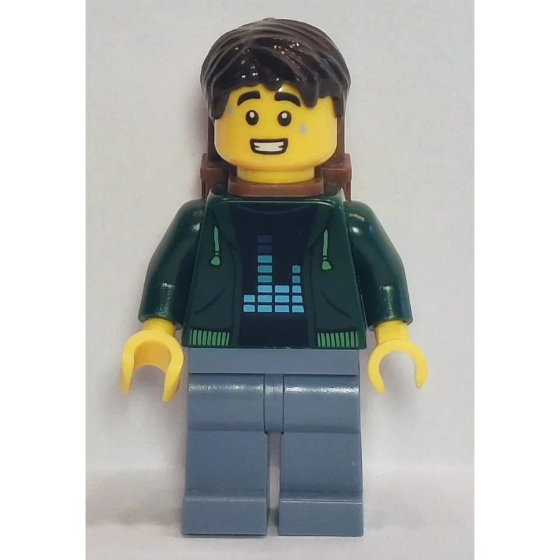 Passenger, Dark Green Torso, Sand Blue Legs, Dark Brown Hair, Backpack