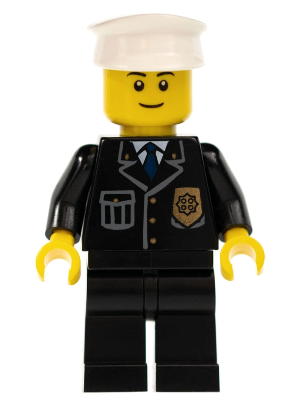 Policeman, Black Jacket with Pocket and Badge, White Hat, Smile, Black Eyebrows