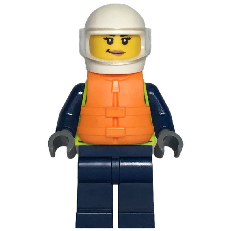 Police Officer, Vibrant Yellow Safety Vest, Dark BLue Legs, Orange Life Vest, White Helmet