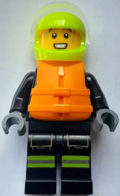 Firefighter, Black Fire Suit, Vibrant Yellow Helmet, Orange Life Jacket