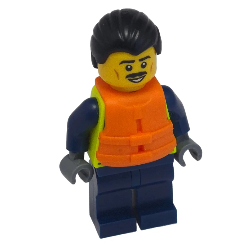 Police Officer, Vibrant Yellow Safety Vest, Dark Blue Legs, Orange Life Jacket