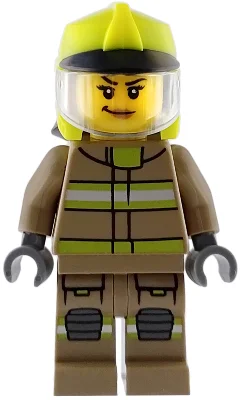 Firefighter, Dark Tan Fire Suit, Vibrant Yellow Helmet, Closed Mouth
